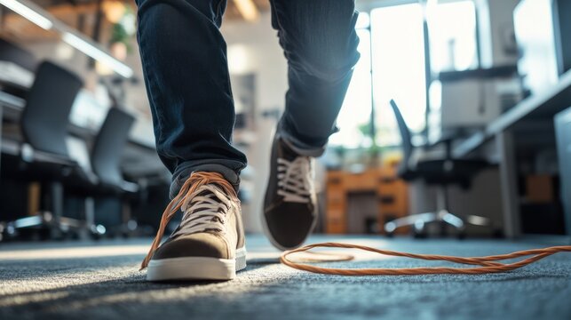 walking danger barefoot trip hazard workplace safety risk accident prevention office environment unsecured cable tangled wire shoes problem