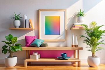 Modern Living Room Poster Mockup - Empty Frame on Shelf