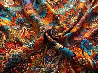 Vibrant Malaysian Batik Fabric: Intricate Aerial Textile Patterns