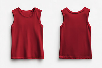 A red sleeveless t-shirt tank top is displayed from the front and back and a flat lay concept is used as a mockup design template