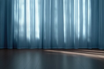 Soft blue curtains gently sway, allowing warm light to filter in