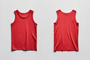A red sleeveless t-shirt tank top is displayed from the front and back and a flat lay concept is used as a mockup design template