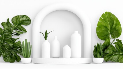 Fototapeta premium White Minimalist Product Display with Tropical Plants and Arch