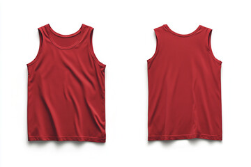 A red sleeveless t-shirt tank top is displayed from the front and back and a flat lay concept is used as a mockup design template