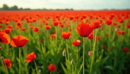 Obraz premium Field of tall red poppies and green grass stretching out to the horizon, endless fields, nature, flowers