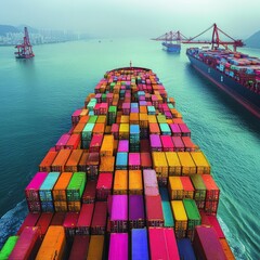 Aerial View of a Cargo Ship Full of Containers on the Ocean