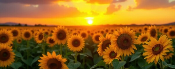 Obraz premium Field of tall sunflowers turning golden yellow at sunset, sunset, flowers