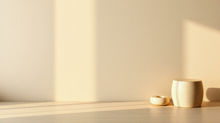 Soft, warm light fills a serene space with minimalistic ceramic bowls, creating an inviting and calm atmosphere perfect for relaxation
