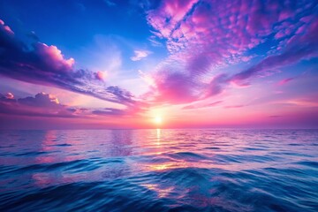 Obraz premium Vibrant Pink & Blue Sunset Ocean Calm Sea Horizon Haze Dreamy Landscape