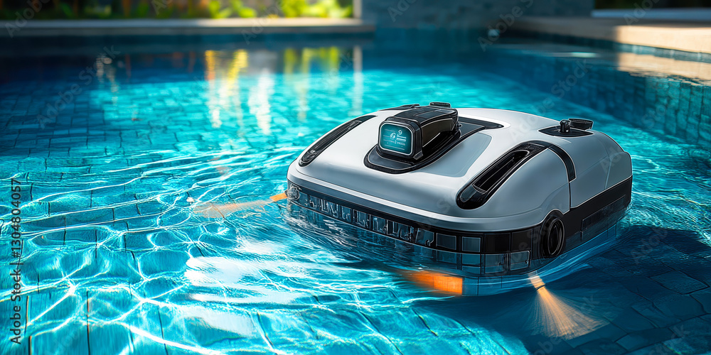 Poster futuristic 3d mapping pool cleaner robot with smart debris management system in action in a sunlit s