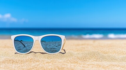 White Sunglasses on Sandy Beach Reflecting Blue Ocean