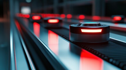 Futuristic conveyor belt system with illuminated red lights for modern industrial automation. Conveyor Belt on a Modern Factory