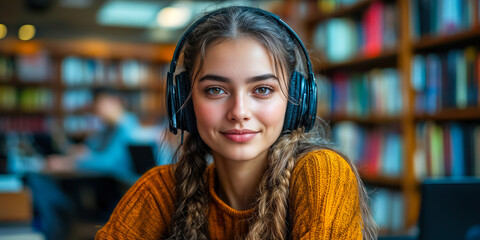 Young Woman with Headphones Engaging in Online Education in Library Using Audio Clarity Tools for Enhanced Learning Experience