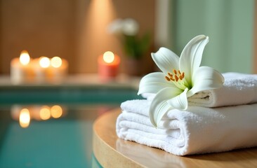White lilia flower on white towel on spa center background