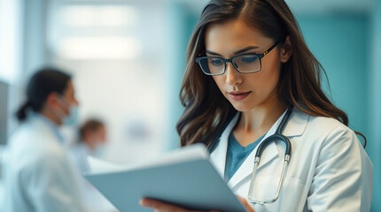 Female doctor wearing glasses and using digital tablet in hospital corridor