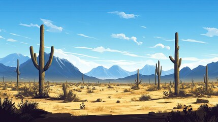 A vast desert landscape with tall cacti under a clear blue sky, and mountains.