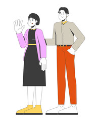 Friendly asian couple standing together, with korean woman waving 2D cartoon characters. Relationship bond. Welcoming pose wife husband flat vector people isolated on white. Spot illustration colorful