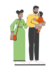 Loving african american family bonding moment 2D cartoon characters. Black father holding son baby while mother standing beside flat vector people isolated on white. Spot illustration colorful