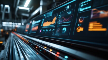 Naklejka premium Futuristic technology interface with digital data analytics display. Conveyor Belt on a Modern Factory
