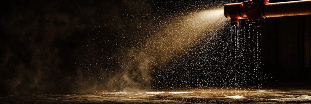 A fire hose spraying water into the air, creating a mist of droplets. High-pressure spray, emergency response, firefighting equipment, forceful stream, water dispersion. Generative AI.