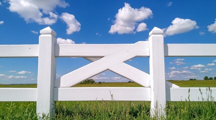 Fototapeta premium White Wooden Fence Against a Blue Sky and Green Field