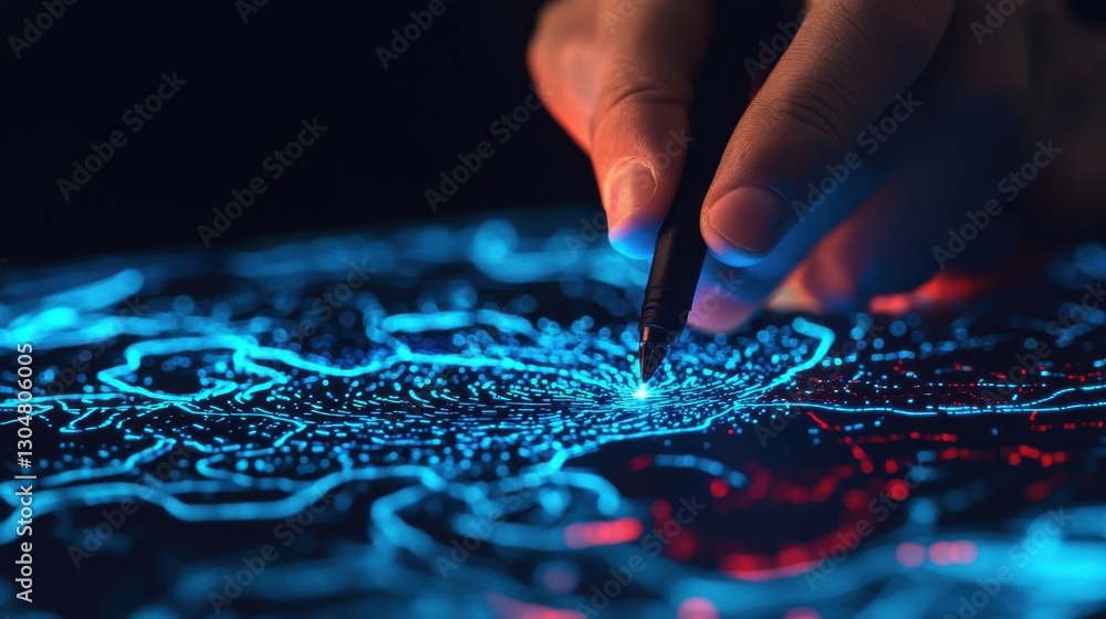 Poster detailed digital map overlay with hand and stylus highlighting data points in vibrant blue and red c