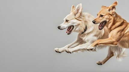 Obraz premium Two dogs are running and jumping in the air. The dogs are white and brown. Scene is energetic and playful