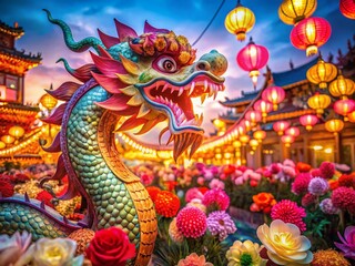 Fototapeta premium Vibrant Spring Festival: Dragon, Peonies, and Lanterns