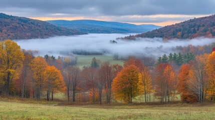 Serene Autumn Landscape with Mist over Rolling Hills and Trees