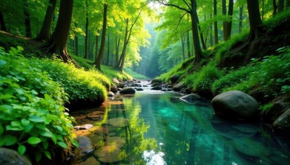 Lush green vegetation surrounds a crystal-clear stream, forest, stream, clear water