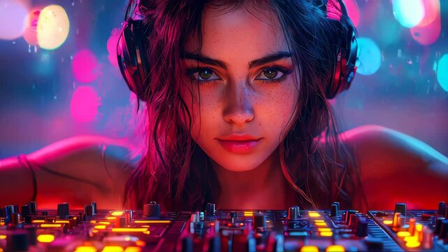 A female DJ with long wavy hair and a focused expression mixing music, illuminated by vibrant neon club lights