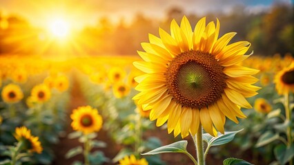 Fototapeta premium Vibrant Sunflower Bloom in Summer Field, Out of Focus Background