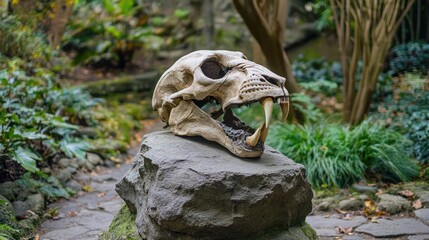 Ancient Predator Skull in Lush Garden Setting