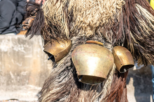 Rijeka Carnival 2025. Kurents procession on the road. Kurent (also korant) is typical antique carnival character. Details of costume 
