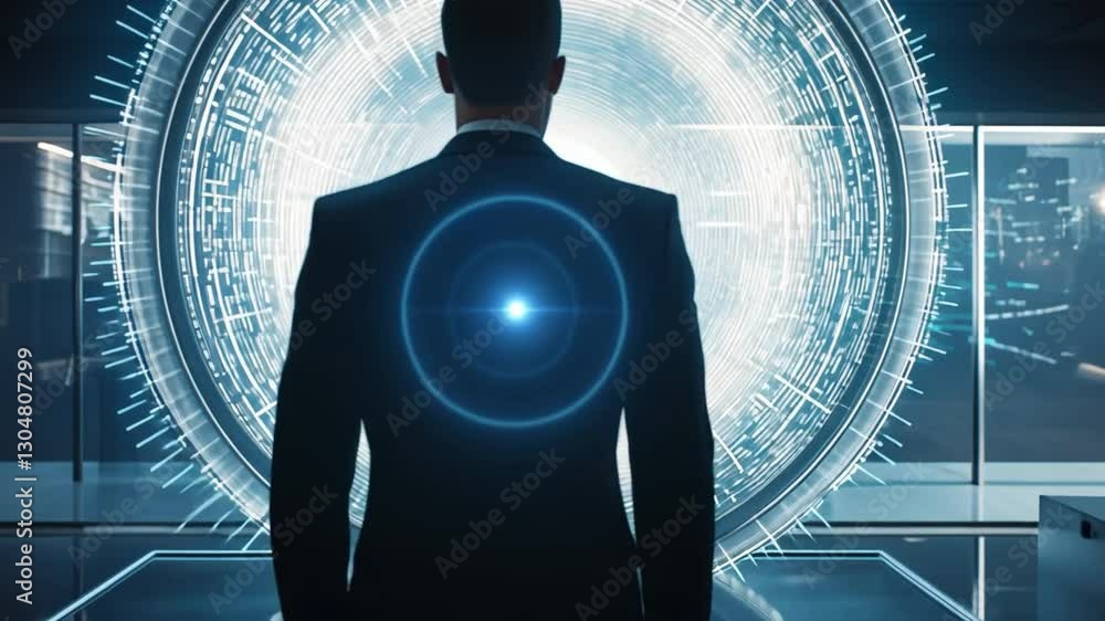 Poster man and technological portal: a suited man stands before a futuristic technological portal. it embod
