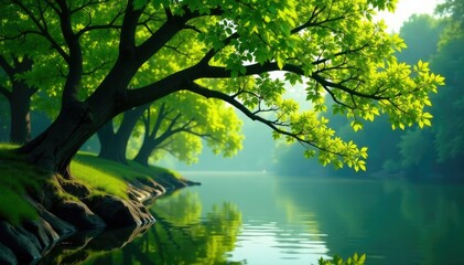 Fototapeta premium lush tree branches stretching over the calm river surface, foliage, tree, branch