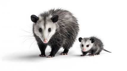 Obraz premium Cute Opossum and Baby Opossum Family Portrait on White Background Ideal for Nature and Wildlife Lovers