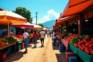 Fresh produce stalls at Saquisili Thursday market under blue sky, fruits, Saquisili