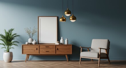 Stylish modern living space with a muted blue accent wall upholstered armchair and mid-century wooden console table