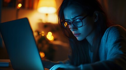 Tired manager working late at night from home, focused on laptop with serious expression in cozy atmosphere