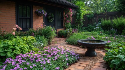 Tranquil Garden Oasis: A serene brick path winds through a lush garden oasis, adorned with vibrant blooms and a charming birdbath, offering a sanctuary for tranquility and contemplation. 