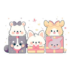 Naklejka premium Playful and whimsical dog and cat illustrations in vibrant and minimalist designs.