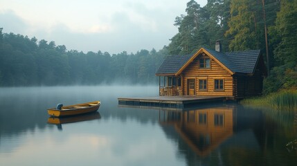 Fototapeta premium Serene Lakeside Cabin: A tranquil scene of a wooden cabin nestled on a misty lake, with a small boat gently bobbing on the still water, creating a peaceful and idyllic atmosphere. 