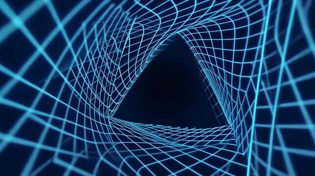 Abstract Digital Tunnel: A mesmerizing journey through a neon blue gridded triangular passageway.