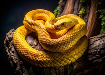 Fototapeta premium Vibrant Yellow Snake Coiled on Tree Trunk - Low Light Night Photography