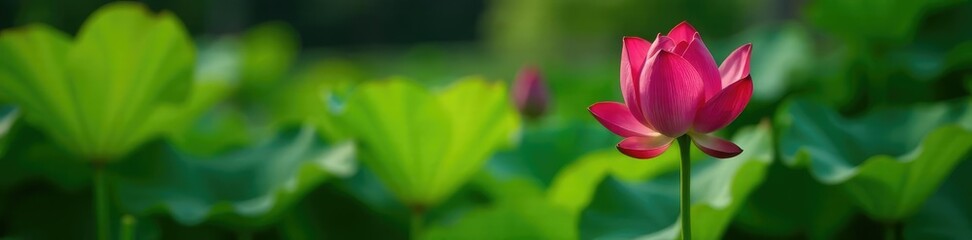 Red lotus blooming in a container among green plants, small blooms, solo bloom, colorful flowers