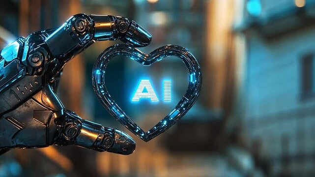 AI Heart: A robotic hand delicately holds a glowing heart-shaped symbol inscribed with "AI", against a soft, blurred city background, representing the fusion of technology and emotion.