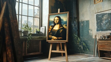 Mona Lisa painting on easel in an old studio.