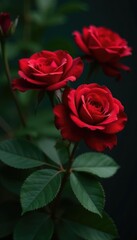 Fototapeta premium Red roses with velvety petals and dark green, wavy leaves, gardening, roses, red roses