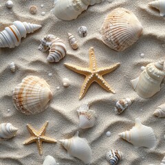 A Collection of Various Shells and a Starfish on Sandy Beach